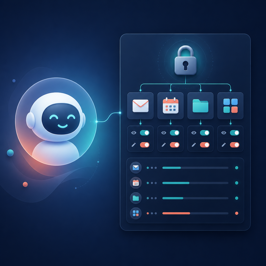 An approachable AI assistant icon beside permission controls for email, calendars, files and business apps.
