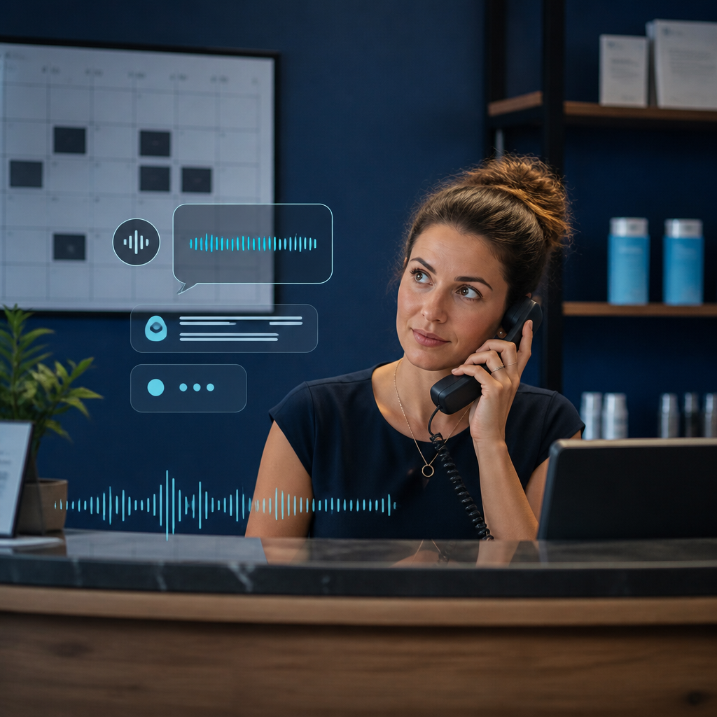 A receptionist takes a call while a voice waveform and transcript suggest an AI assistant is speaking.