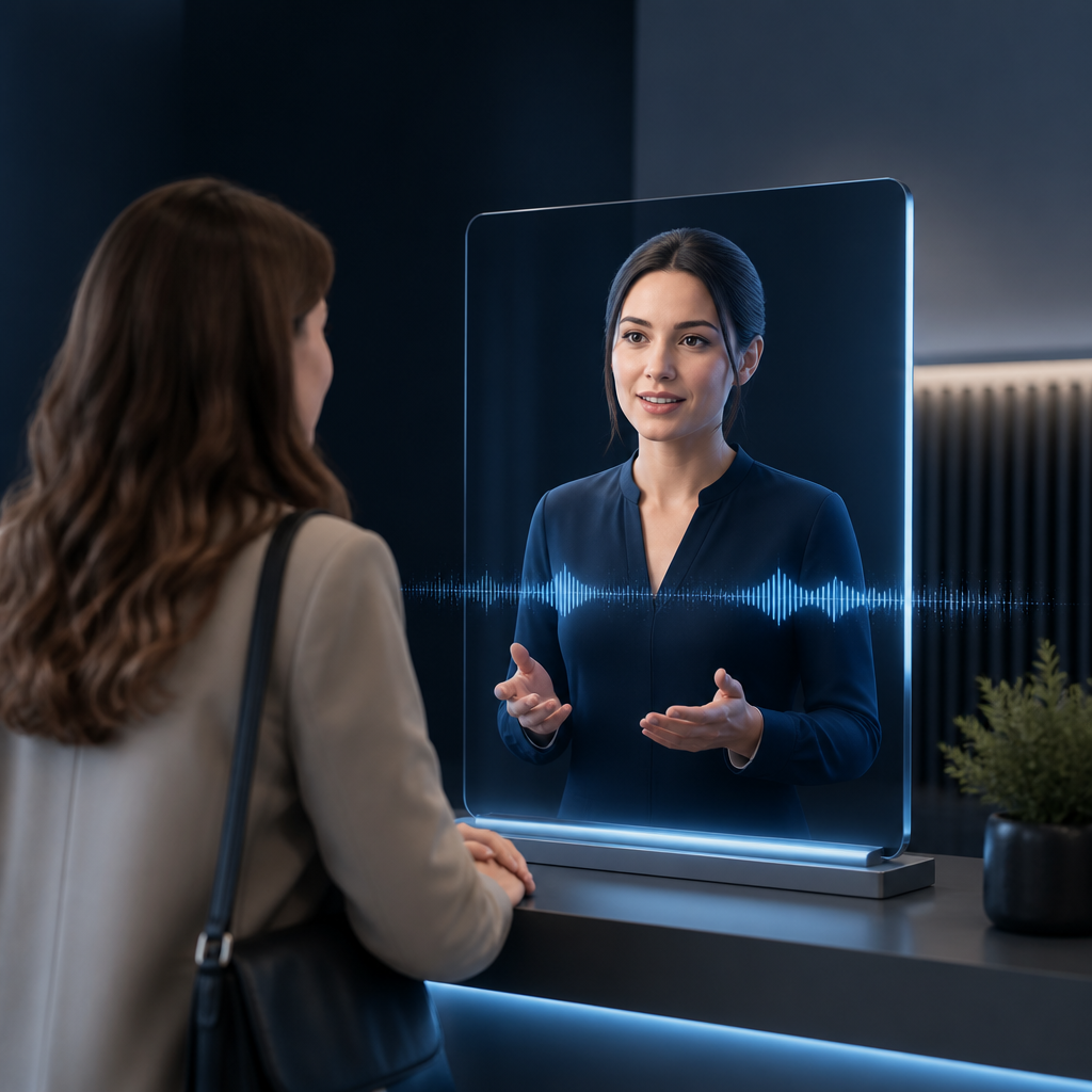 A customer speaks with a generated digital presenter displayed on a business reception screen.