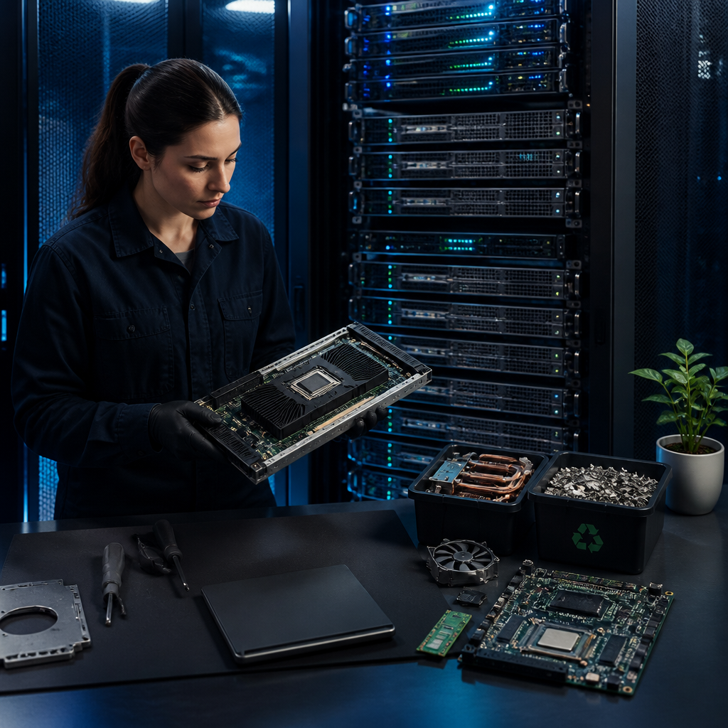 A technician inspects a data-centre server component for reuse beside organized hardware for repair and recycling.