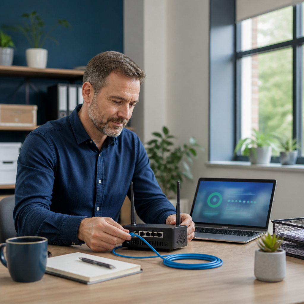A small-business manager checking a broadband router and connection in an office