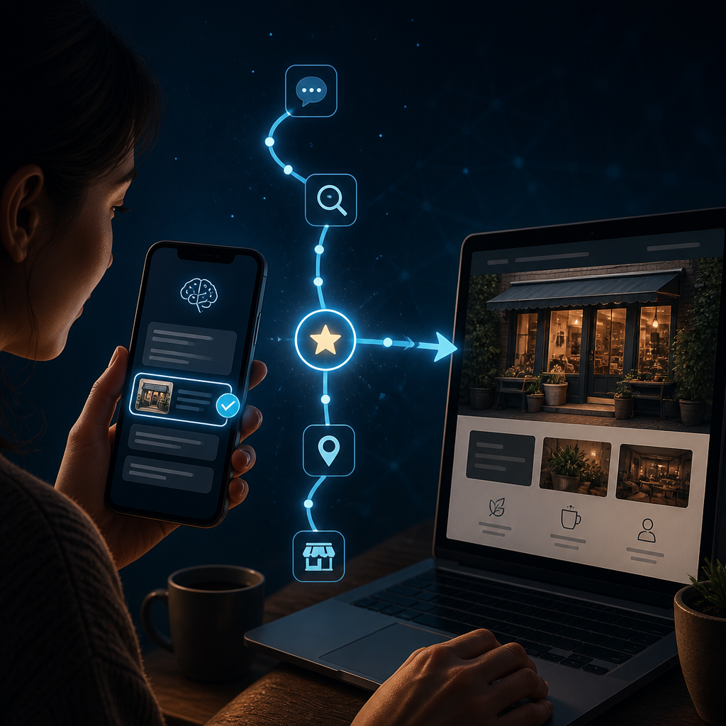 A customer follows an AI answer from a phone to a small-business website on a laptop.
