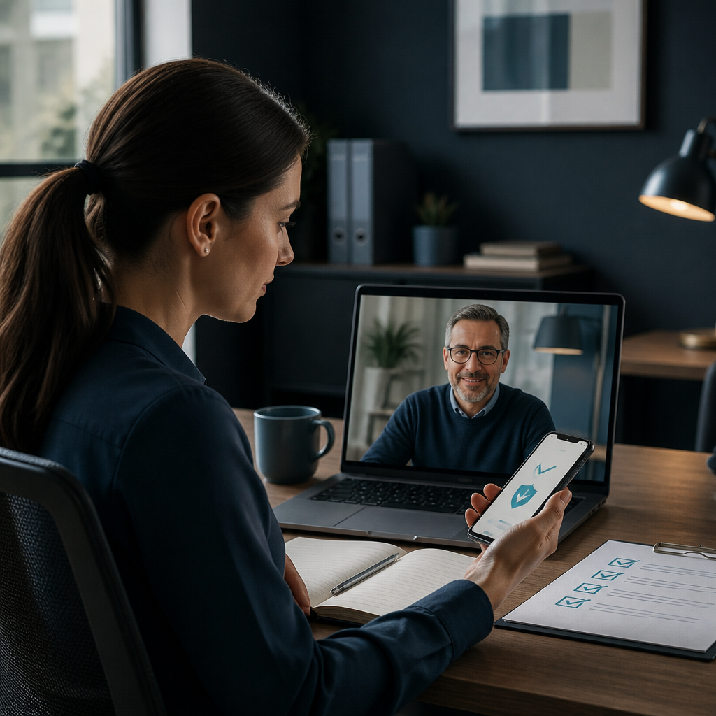 An employee checks a payment request on a second device during a video call with a familiar colleague.