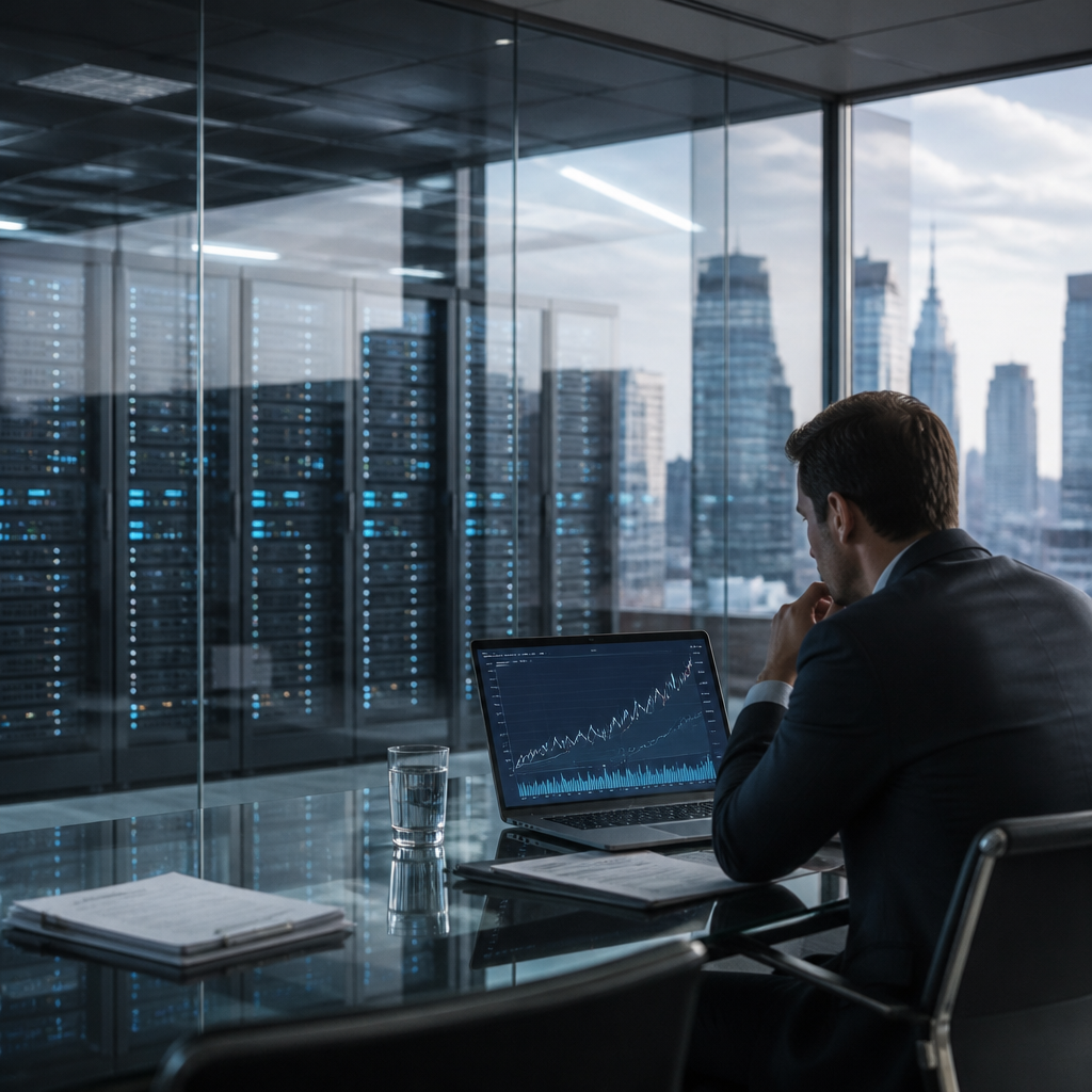 Server racks reflected in a boardroom window as an analyst reviews a market chart