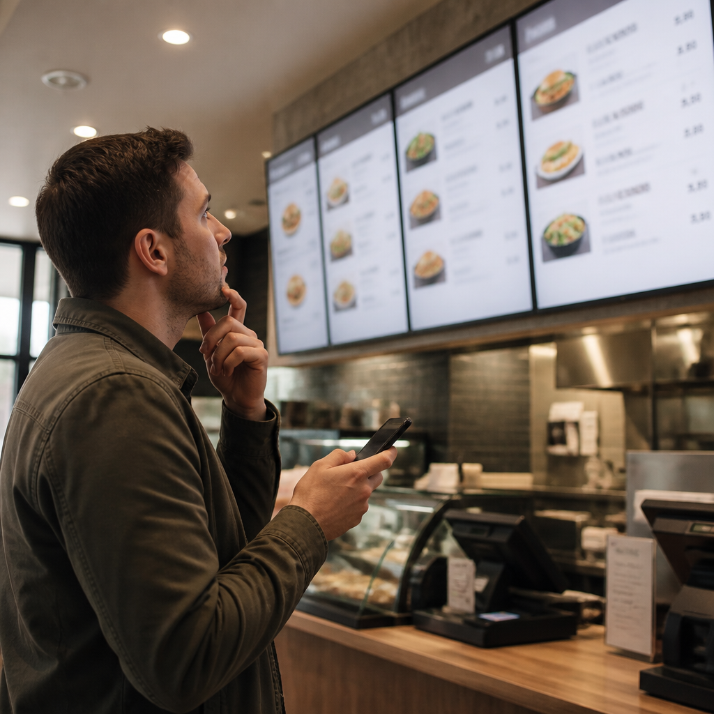 A customer comparing a digital menu and phone in an unbranded restaurant