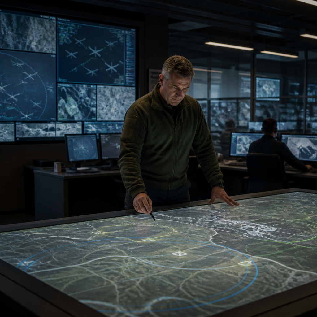 A human commander reviewing an abstract operations map in an unbranded control room