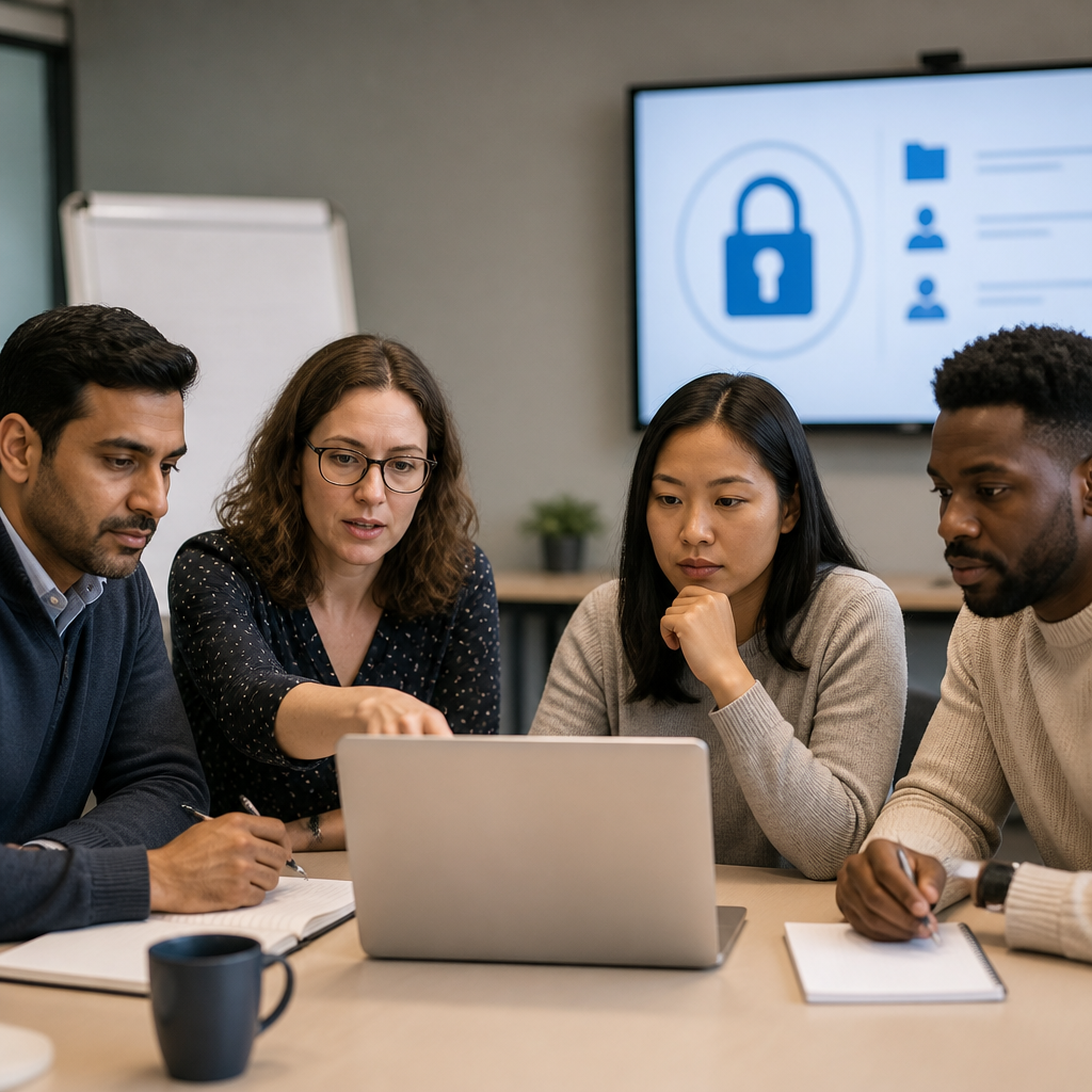A public-sector team reviewing safe data-handling procedures in a training room