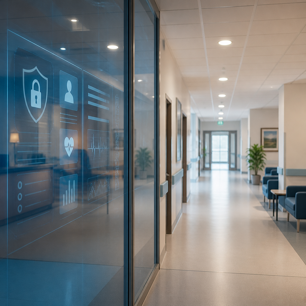 A calm hospital corridor with a secure digital health-record interface reflected on glass
