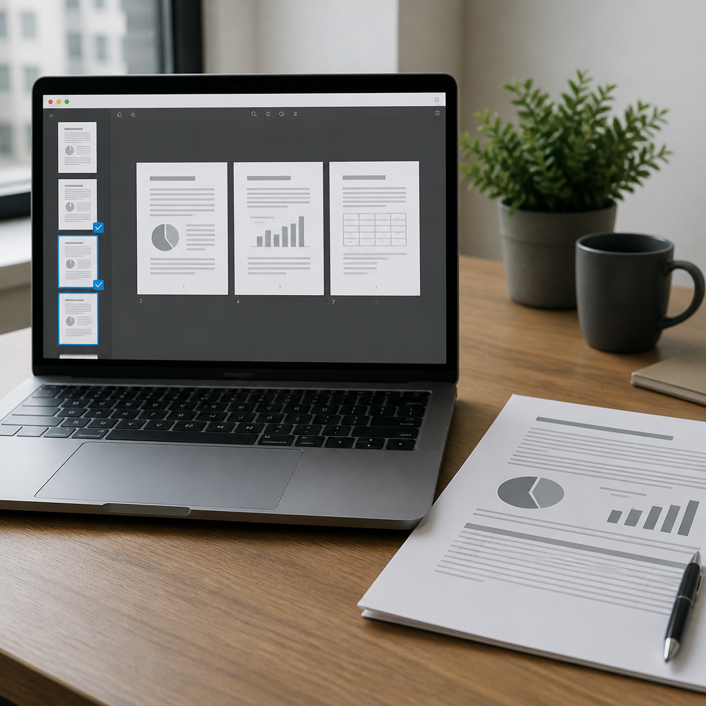 A laptop displaying selected PDF page thumbnails beside a printed document