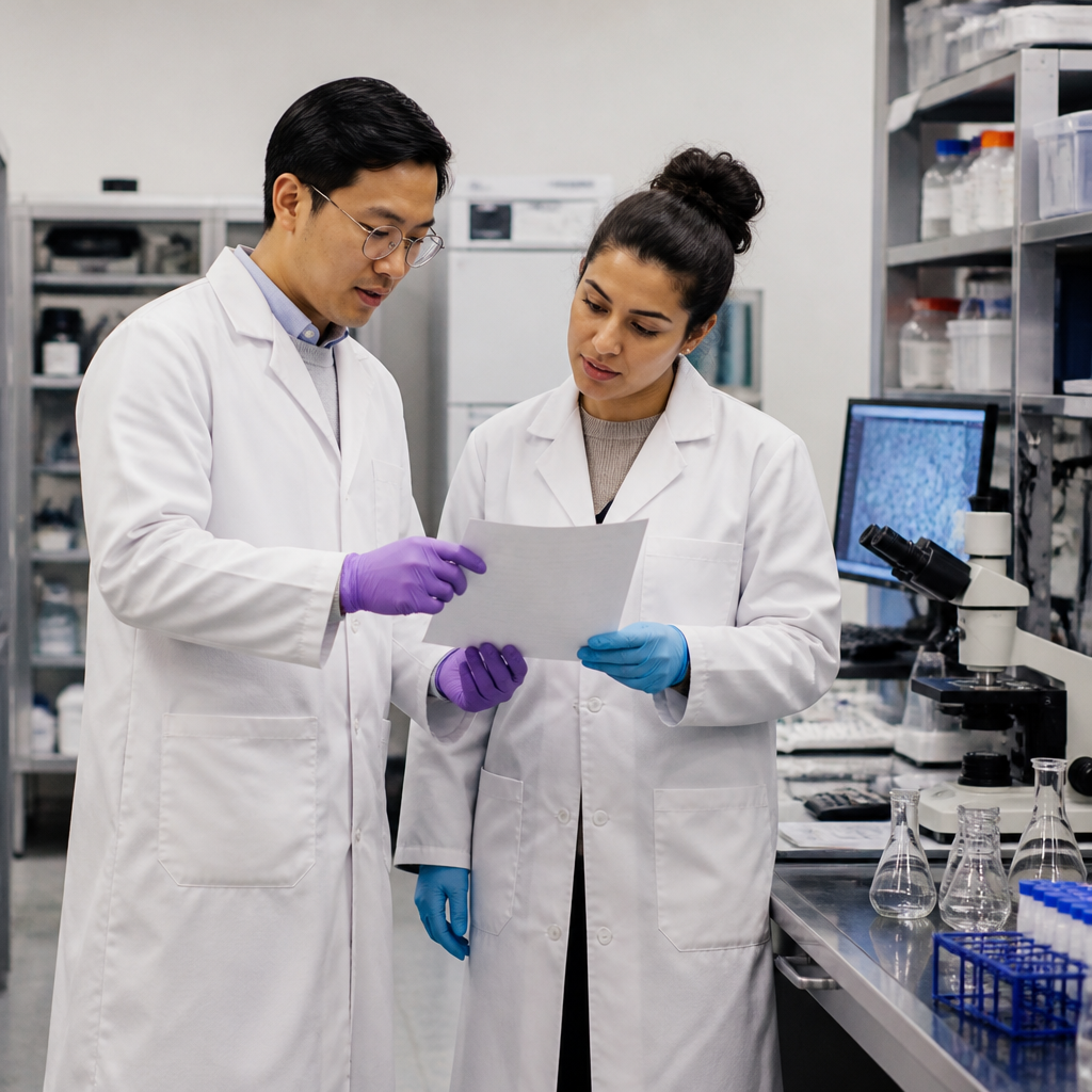 Two researchers reviewing a partnership funding document in a laboratory