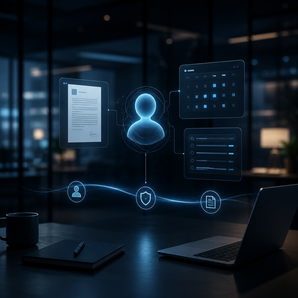 A digital work agent coordinates business documents, a calendar and a workflow beside permission and audit controls.