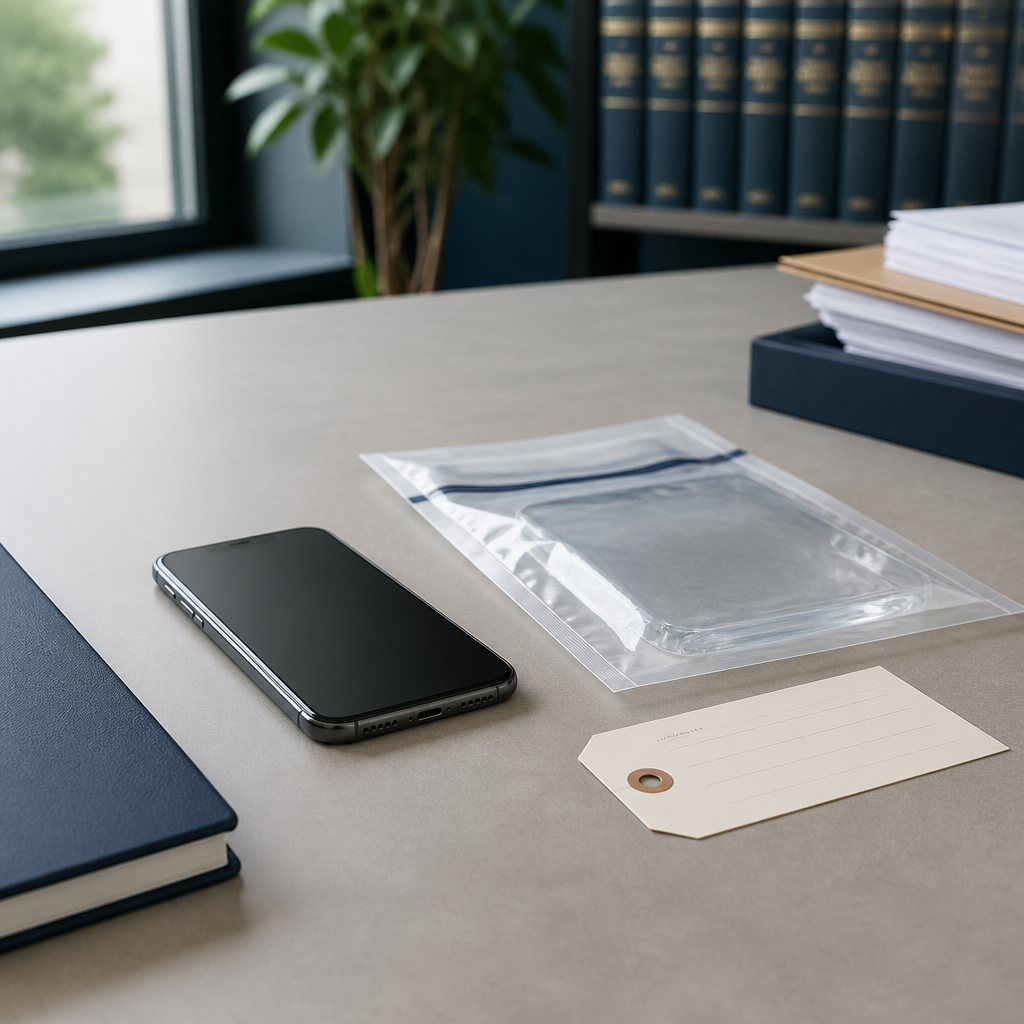 A smartphone lies untouched beside an evidence pouch and a paper evidence label.
