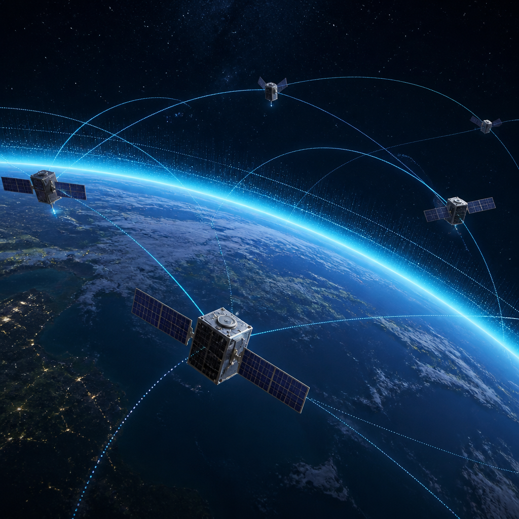 Low-Earth-orbit satellites travel above Earth's thin upper atmosphere, with orbital tracks showing where drag changes.